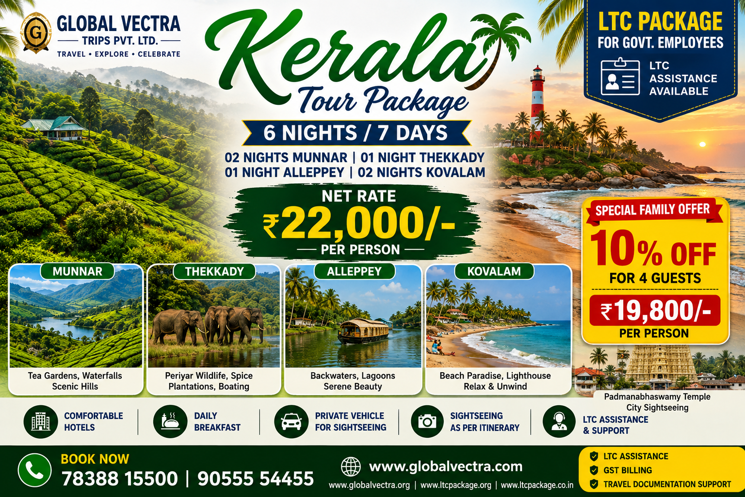 Kerala Tour Package 6 Nights 7 Days Munnar Thekkady Alleppey Kovalam