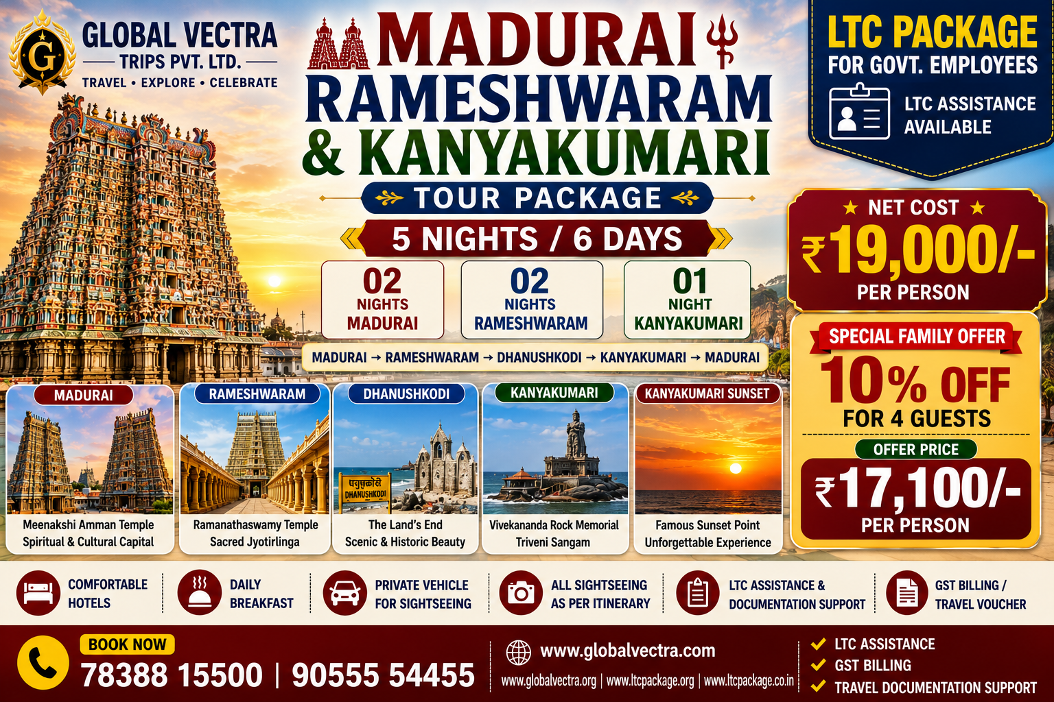 Madurai Rameshwaram Kanyakumari Tour Package 5 Nights 6 Days